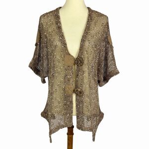 Katie Todd Lagenlook Brown Mesh Button Short Sleeve Open Knit Cardigan Large